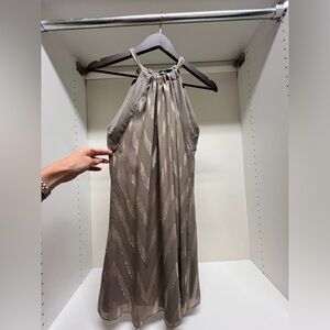 Alice & Trixie silk taupe & gold holiday sparkle A line halter dress worn once